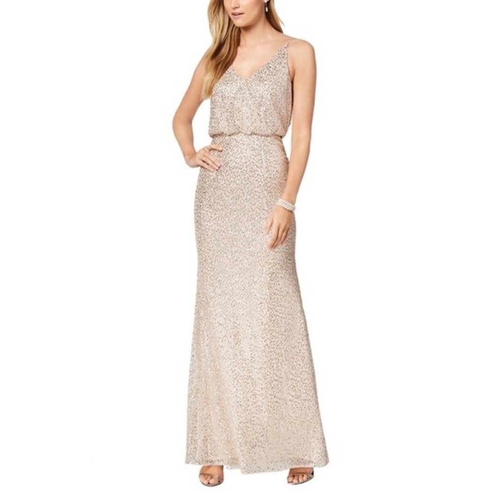 Adrianna Papell Gold Strappy Blouson Sequins Maxi Dress Gown